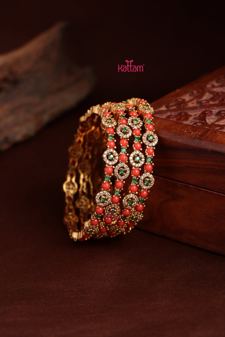 Coral Green Stone Bangle ( Set of 4 ) - B598 - V4