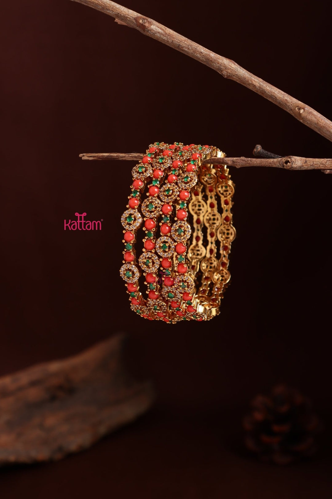 Coral Green Stone Bangle ( Set of 4 ) - B598 - V4