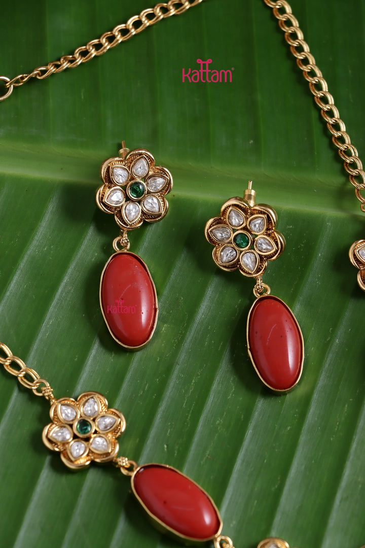 Coral - Oval Blcok Flower Choker - N3765