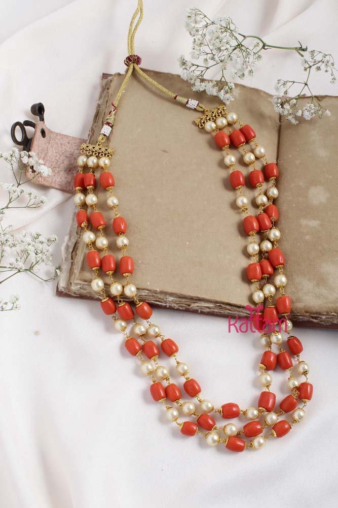 Coral Pearl Layered Mala - N2284