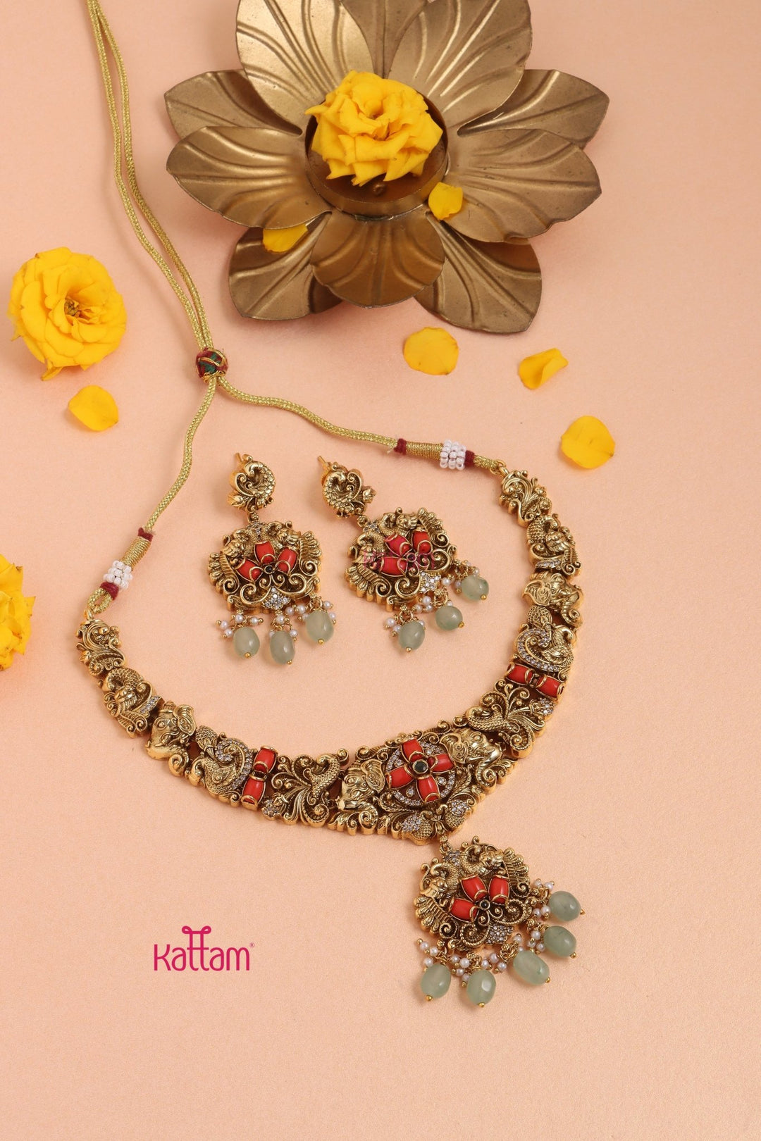 Dharika - Antique Peacock Coral Necklace - Design 1 - N3321