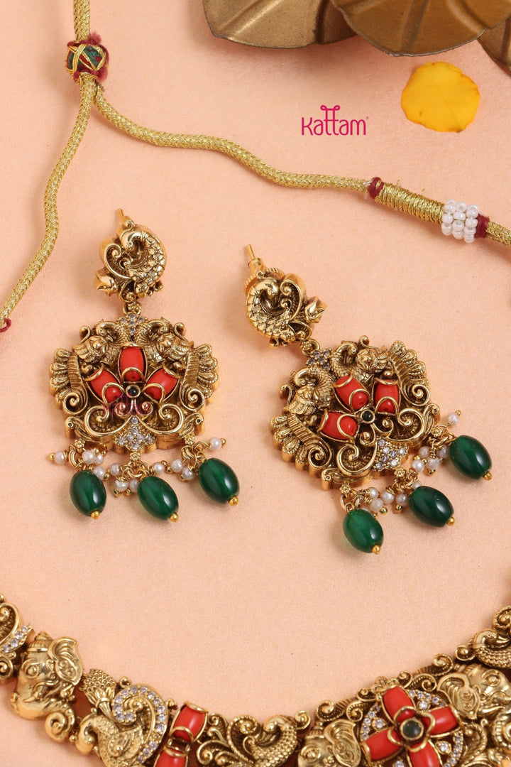 Dharika - Antique Peacock Coral Necklace - Design 3 - N3323