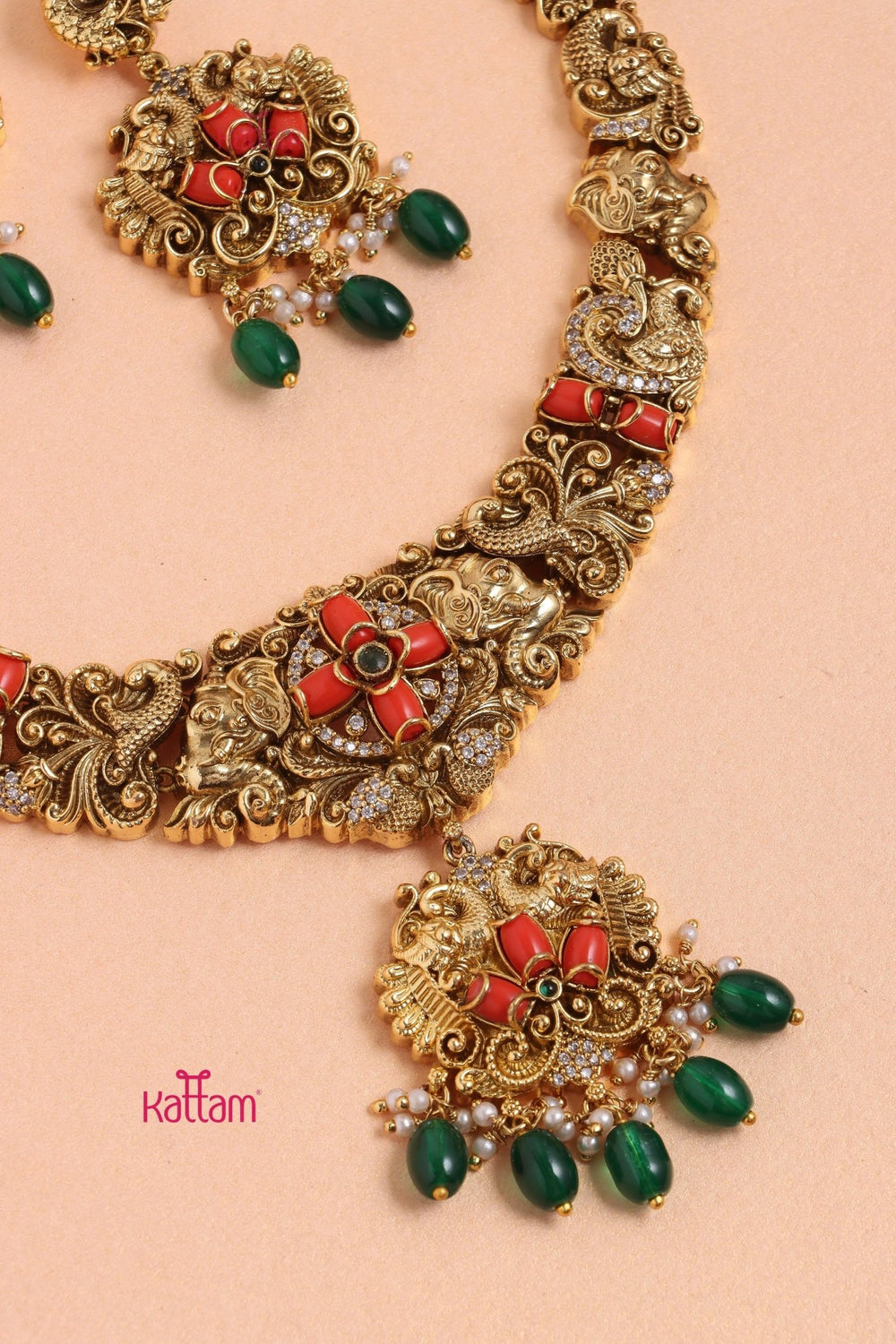 Dharika - Antique Peacock Coral Necklace - Design 3 - N3323