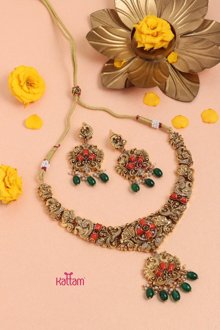 Dharika - Antique Peacock Coral Necklace - Design 3 - N3323