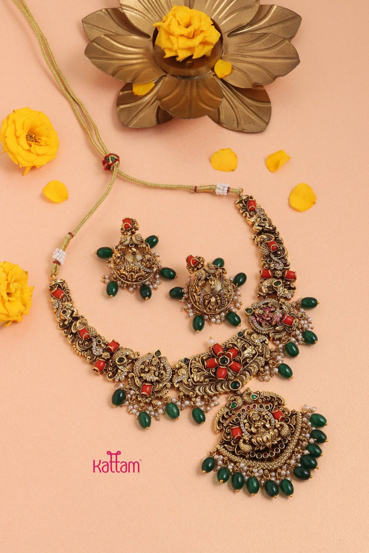 Dharshika - Antique Peacock Coral Necklace - Design 2 - N3325