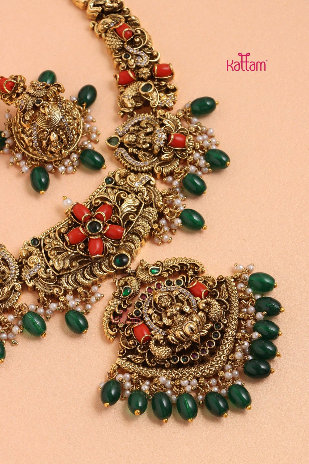 Dharshika - Antique Peacock Coral Necklace - Design 2 - N3325