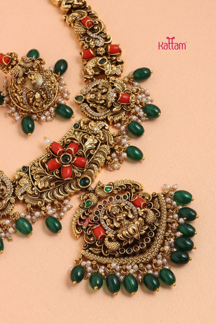 Dharshika - Antique Peacock Coral Necklace - Design 2 - N3325