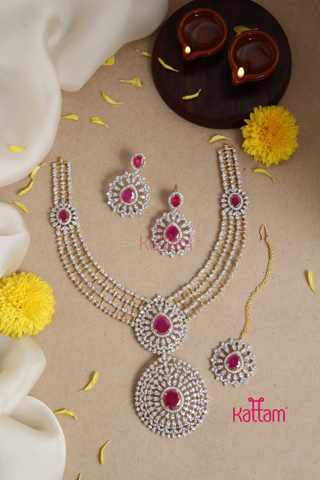 Diamond Replica Bridal Ruby Necklace Pendant Detachable Kattam