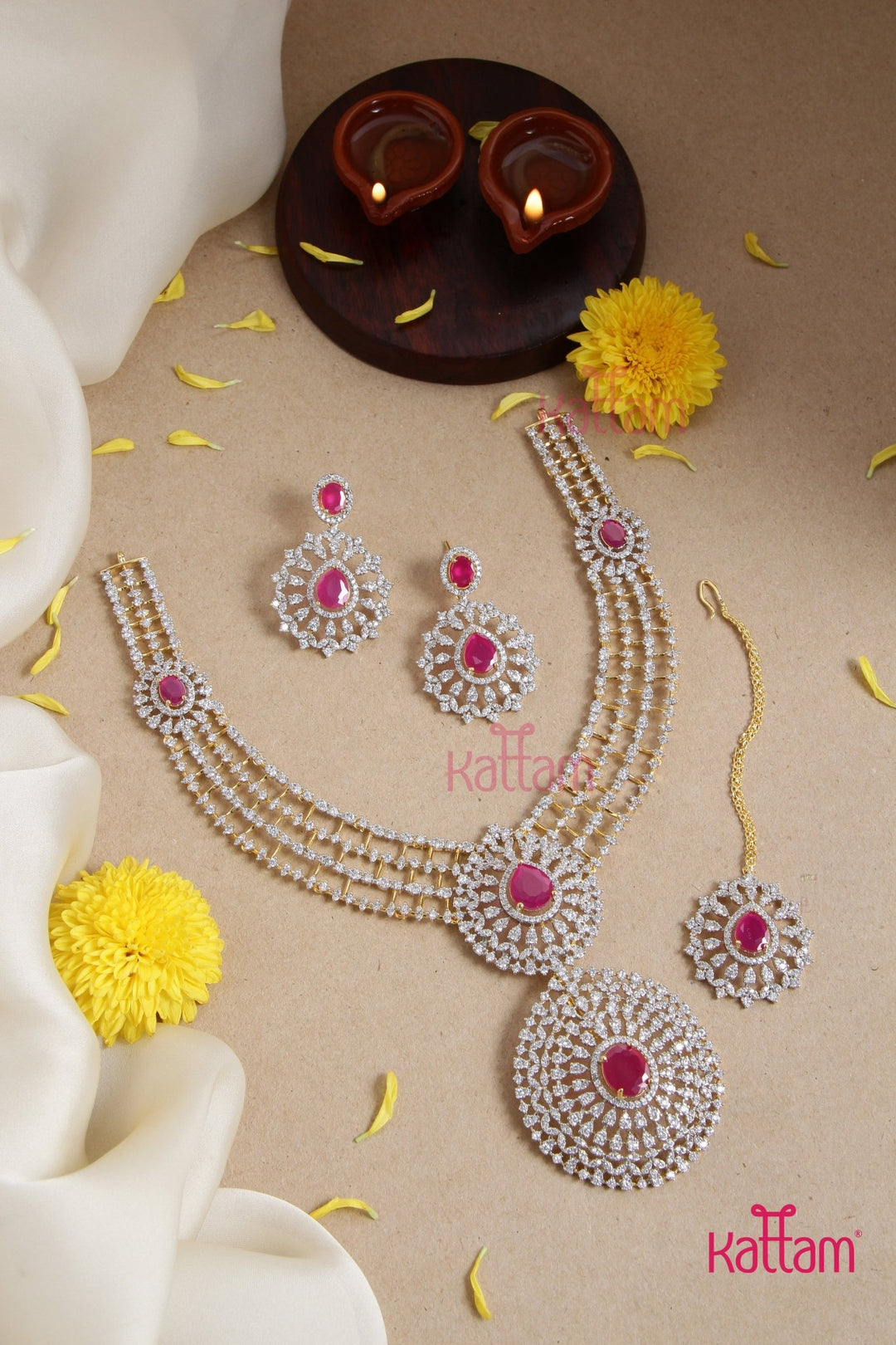 Diamond Replica Bridal Ruby Necklace ( Pendant Detachable ) - N5094