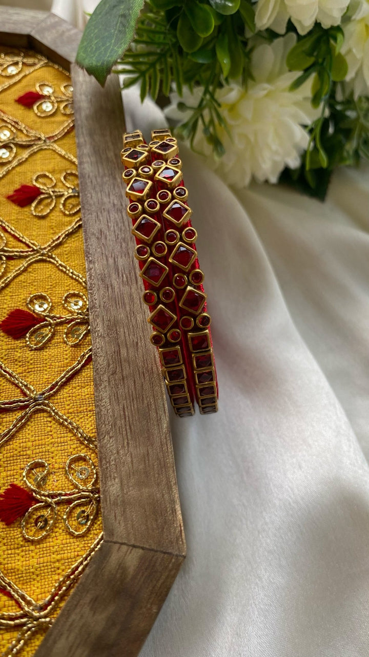 Diamond Square Red Handmade Kundan Bangles (Set of 2) - KB066 - V4
