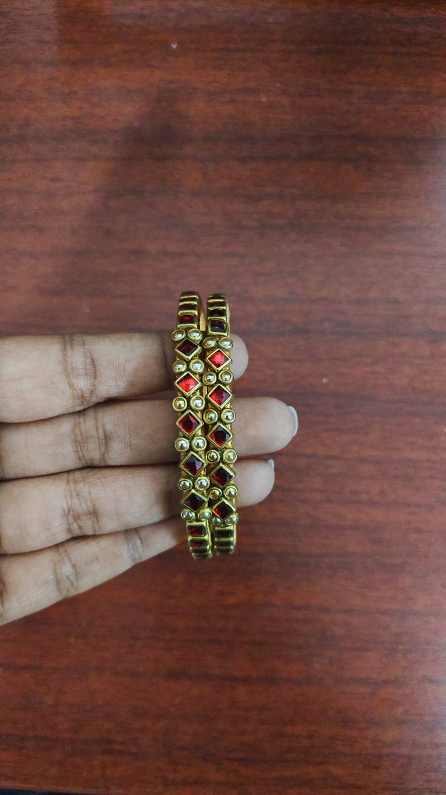 Diamond Square Red Handmade Kundan Bangles (Set of 2) - KB066 -2 - V4