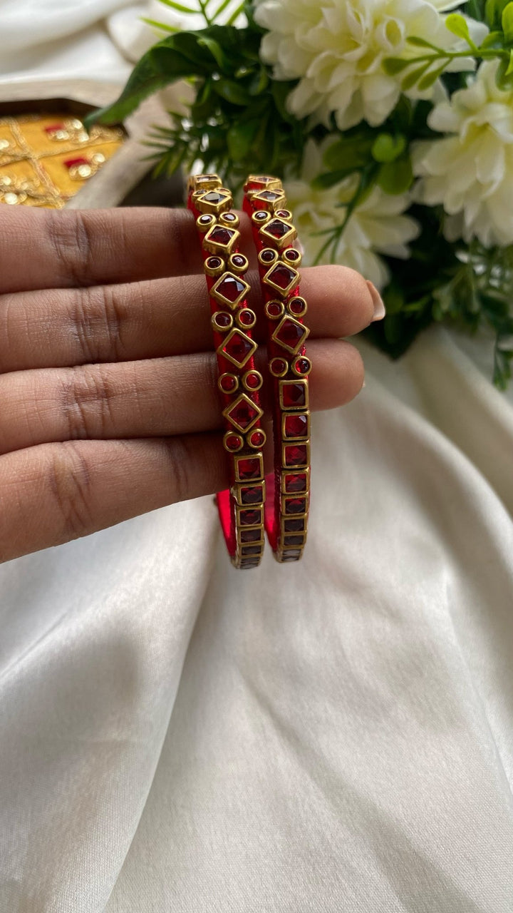 Diamond Square Red Handmade Kundan Bangles (Set of 2) - KB066 - V4