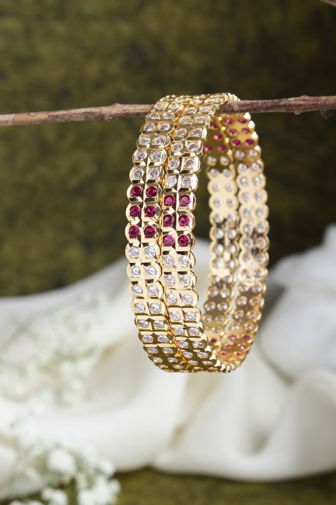 Double Line Ruby White Stone Gati Bangle - B448 -V4