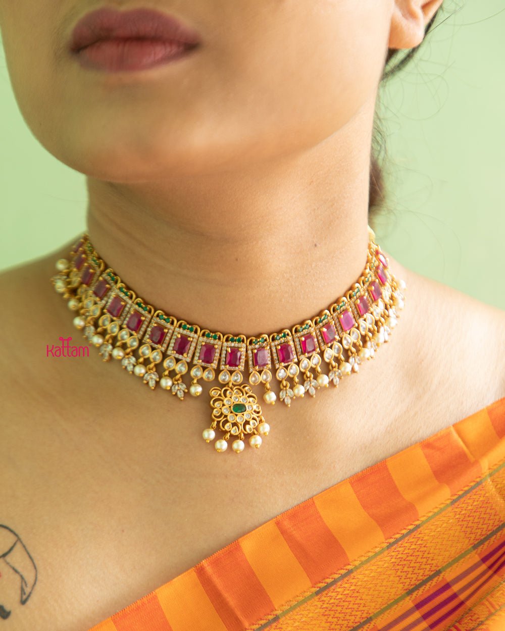 Elegant Red Green White Stone Choker Necklace Kattam