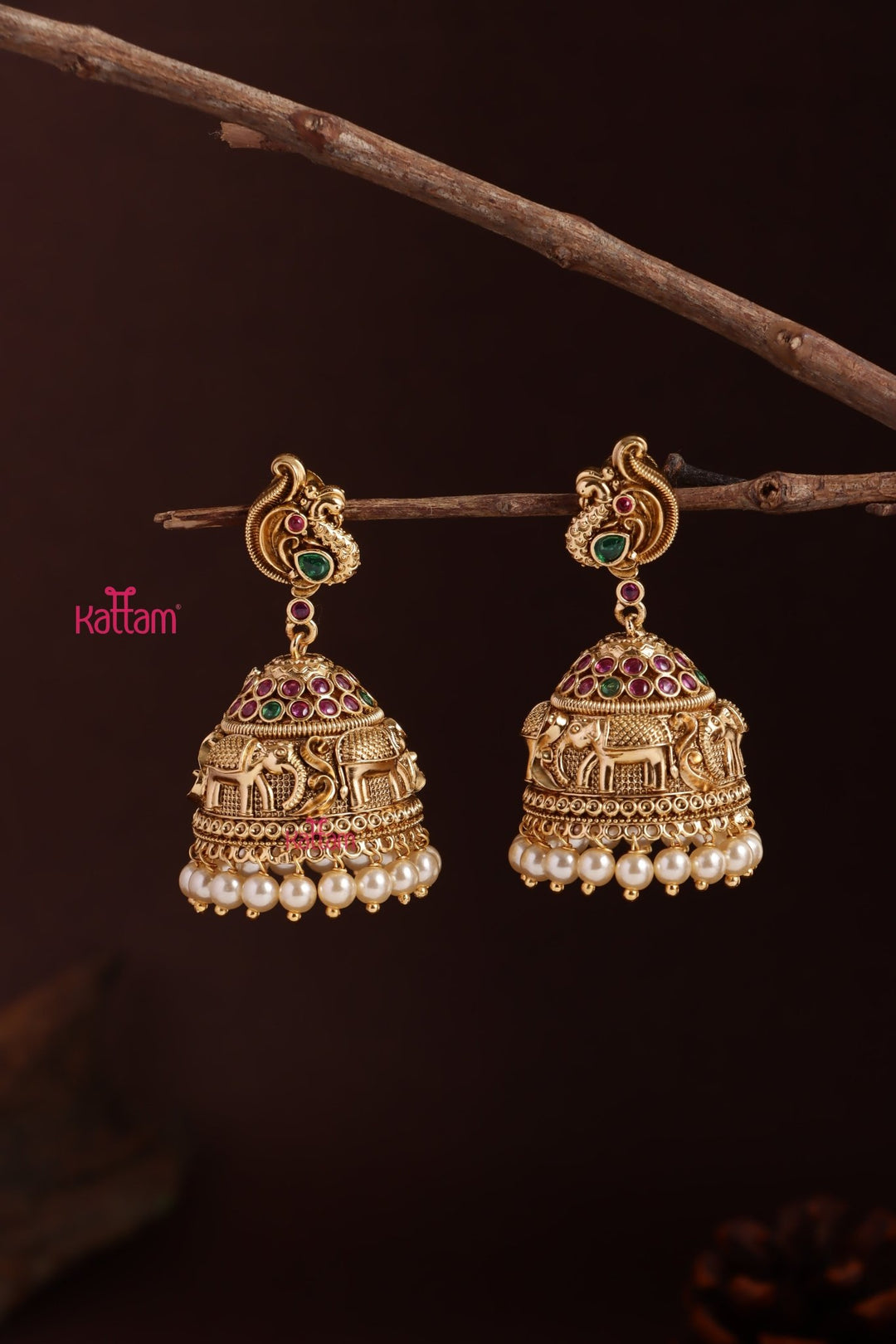 Elephant Peacock Bridal Pearl Jhumka - E1236