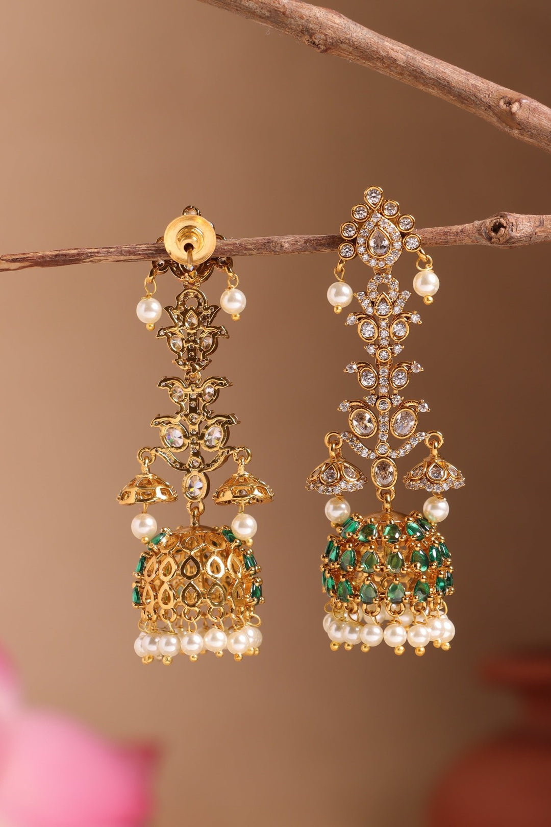 Emerald Green White Stone Long Earrings - E1530