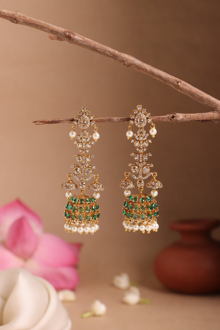Emerald Green White Stone Long Earrings - E1530