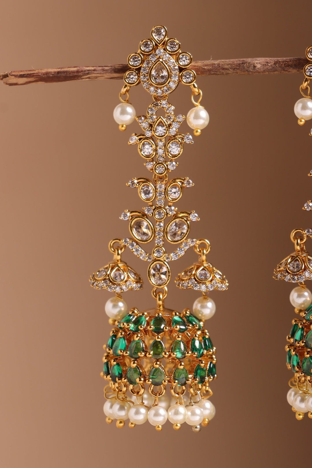 Emerald Green White Stone Long Earrings - E1530