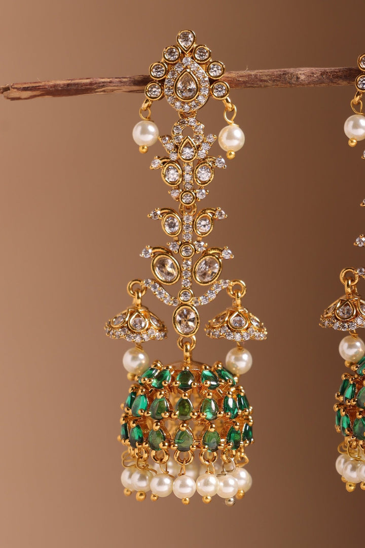 Emerald Green White Stone Long Earrings - E1530