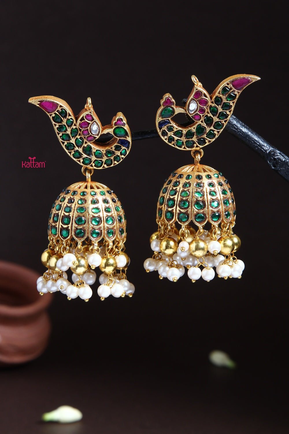 Emerald Kundan Peacock Jhumka Design 2 - E165