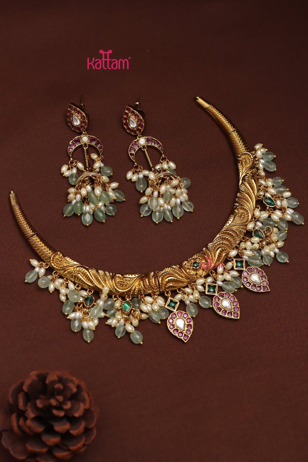 Engraved Beaded Pearl Hasli - N3952