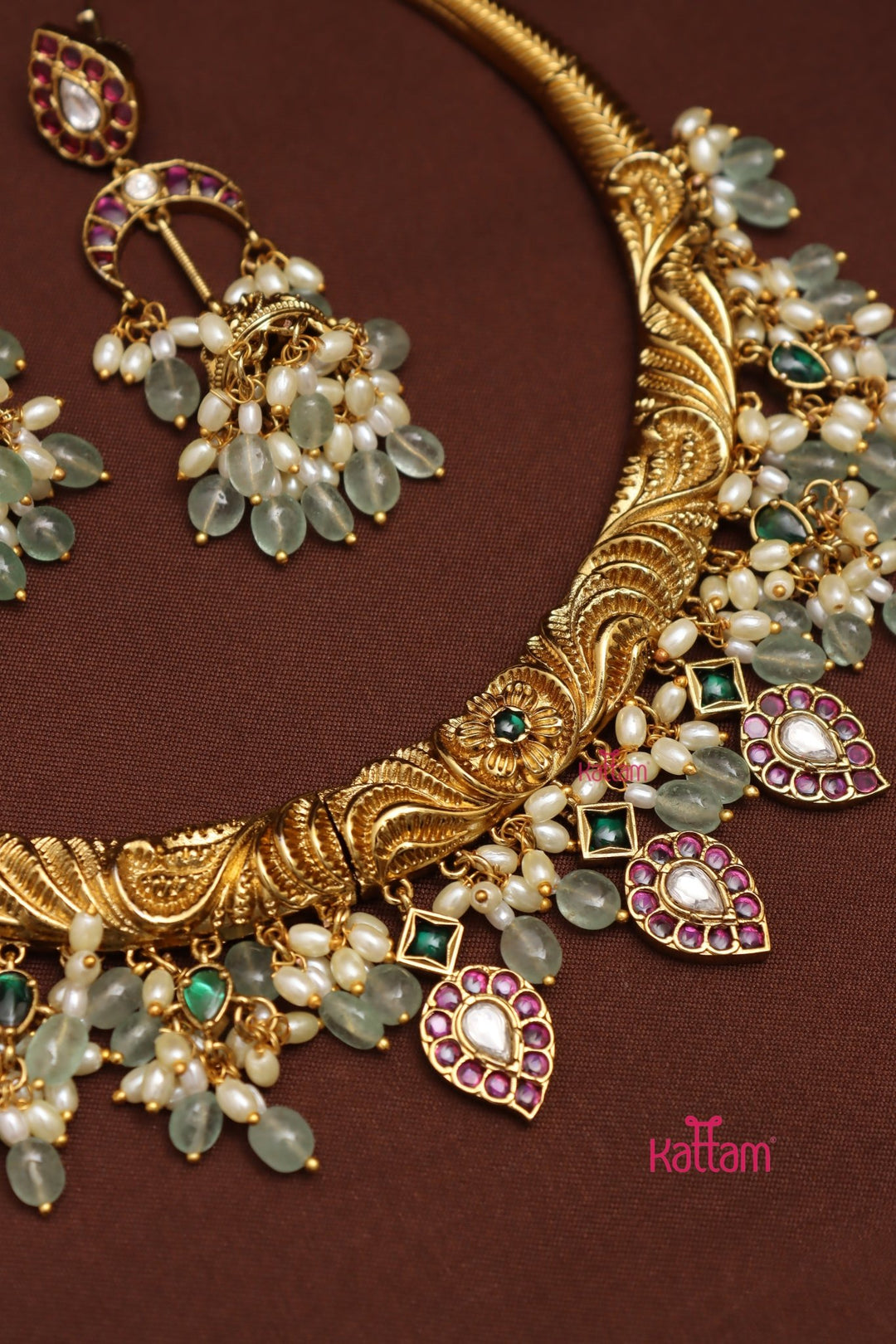 Engraved Beaded Pearl Hasli - N3952