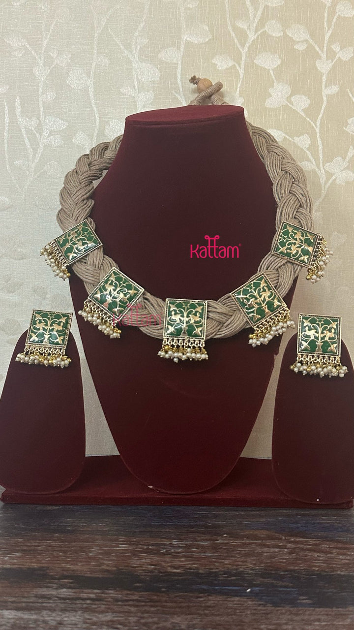 Esha - Meenakari Hand Crafted Designer Jute Necklace - Green - N2905