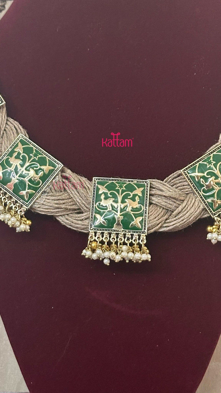 Esha - Meenakari Hand Crafted Designer Jute Necklace - Green - N2905
