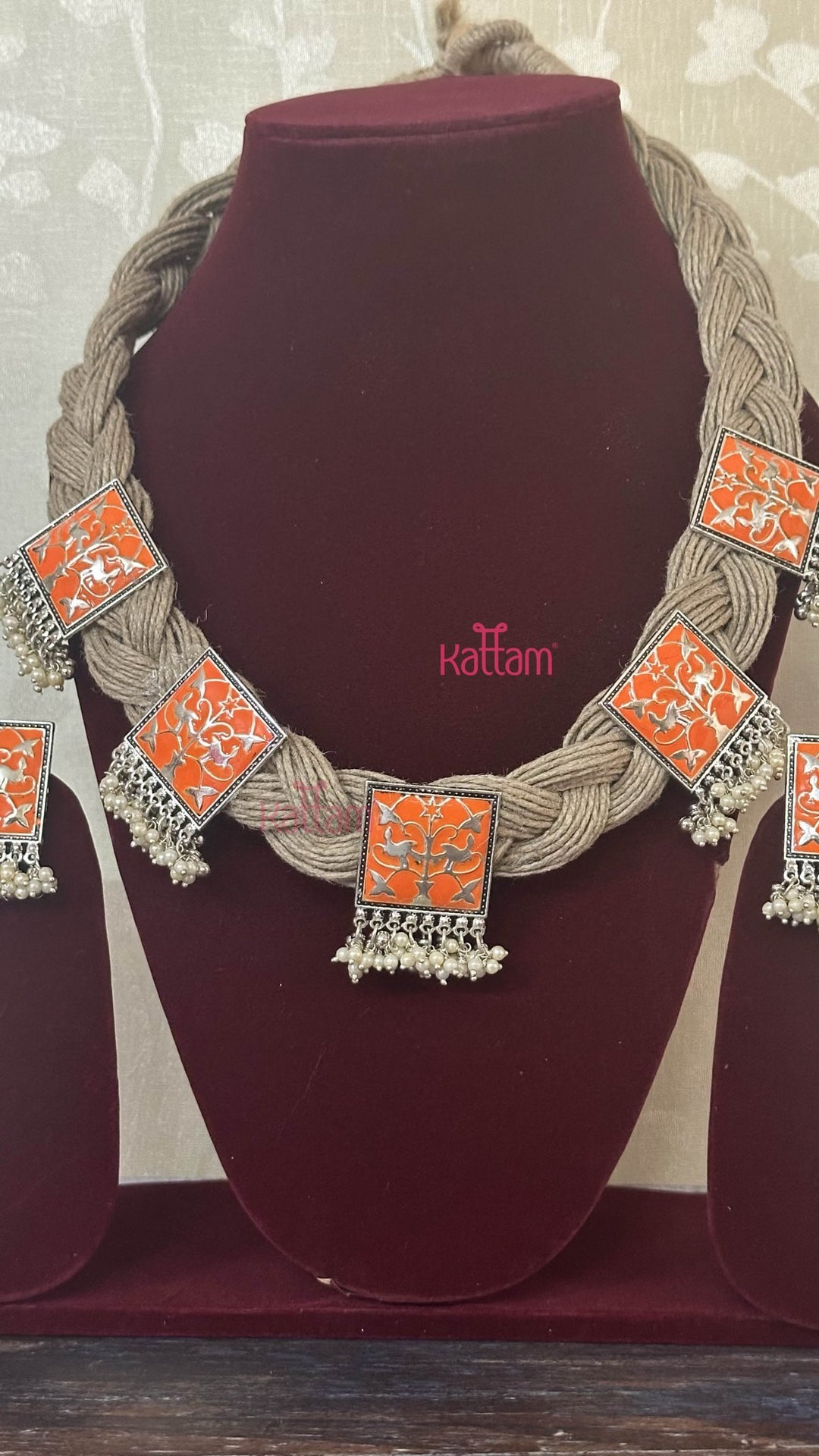 Esha - Meenakari Hand Crafted Designer Jute Necklace - Orange - N2903