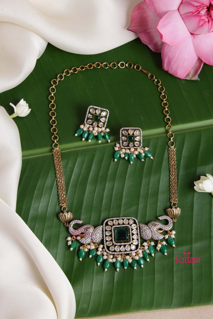 Ezhil Victorian Diamond Elephant Green Choker - N6022