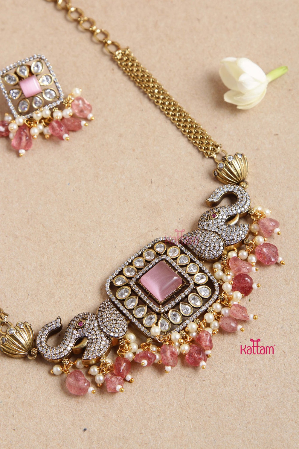 Ezhil Victorian Diamond Elephant Lightpink Choker - N6023