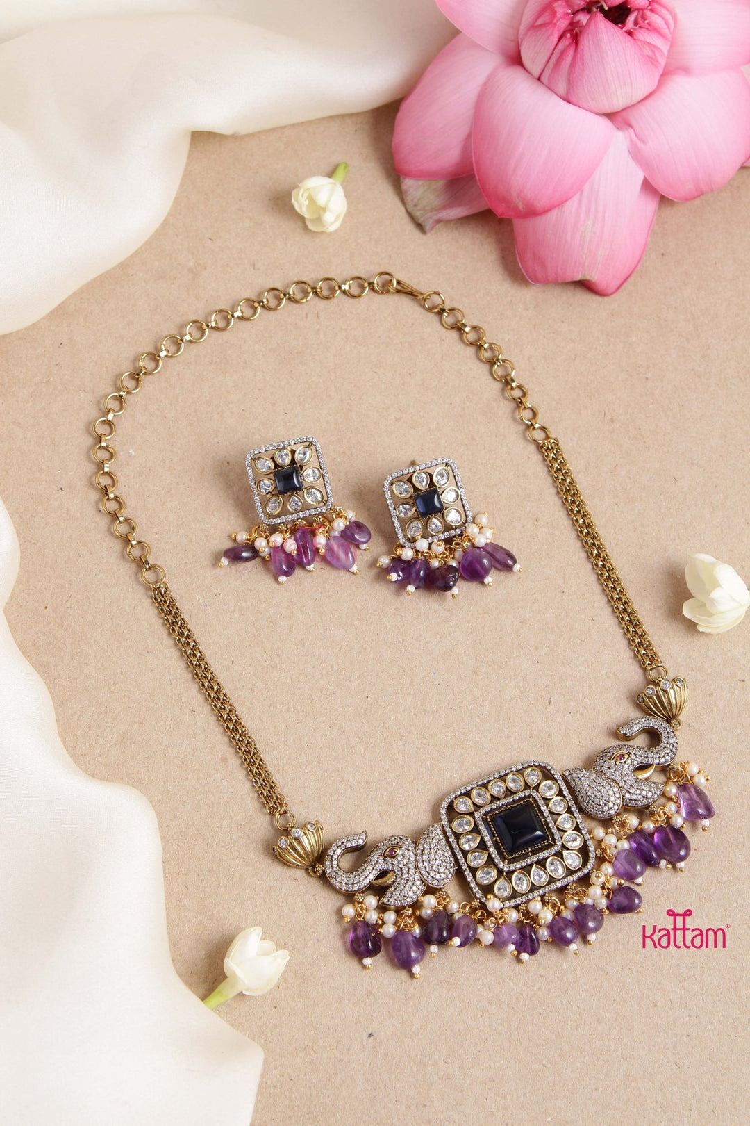 Ezhil Victorian Diamond Elephant Violet Choker - N6025