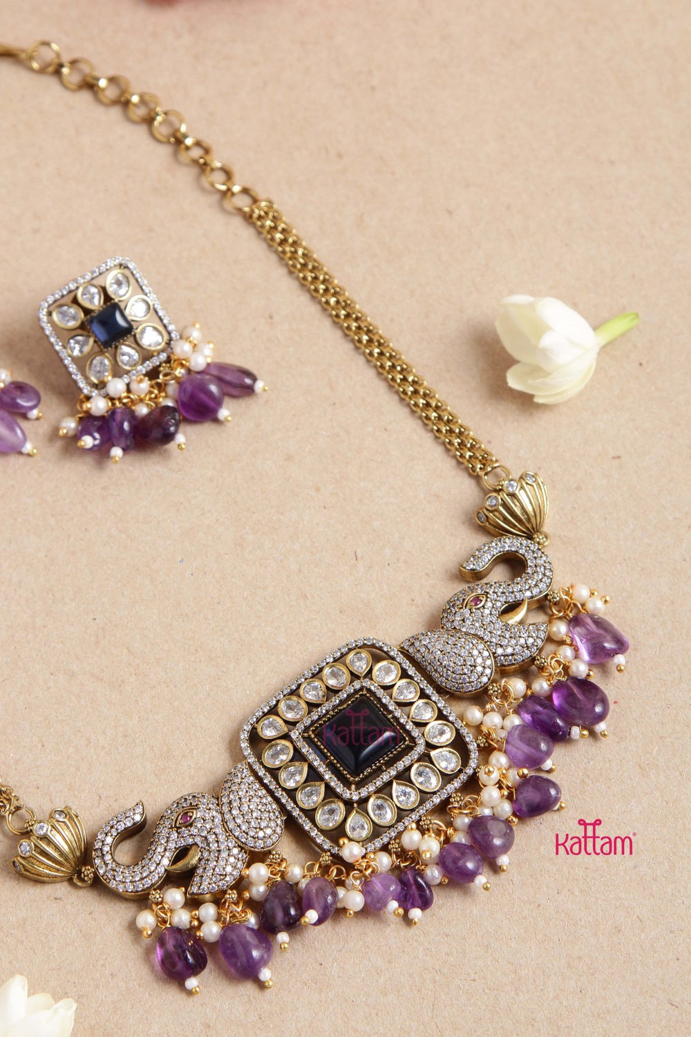 Ezhil Victorian Diamond Elephant Violet Choker - N6025