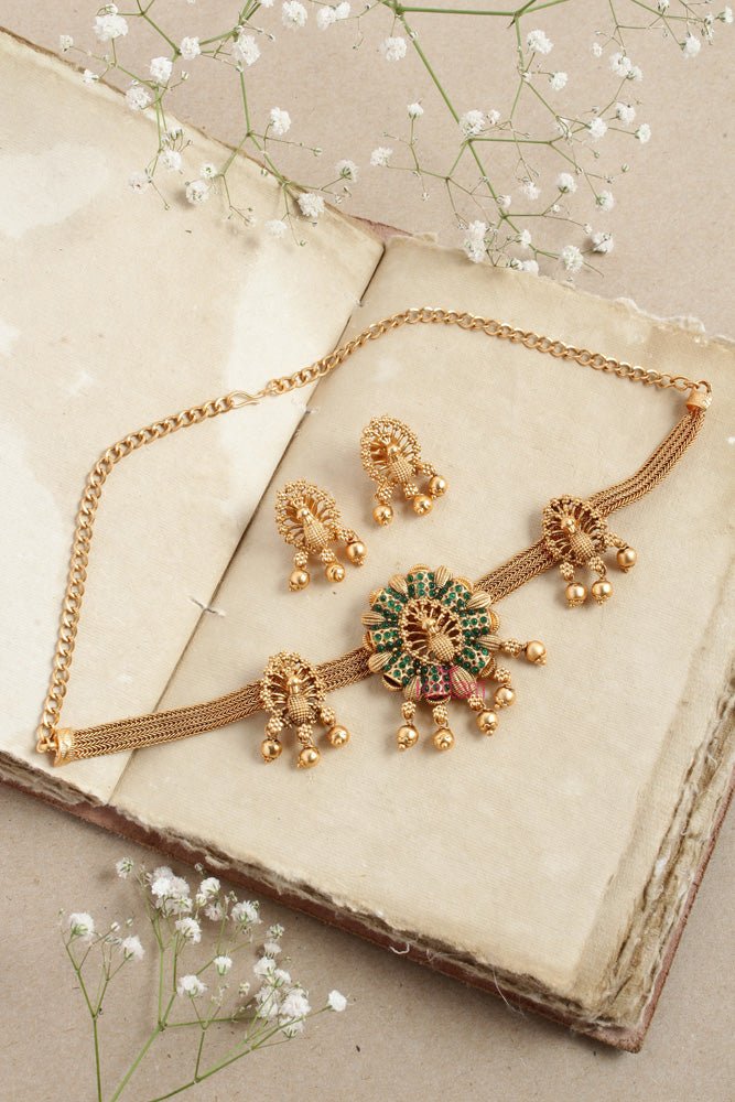Feather Peacock Green Stone Choker - N2606