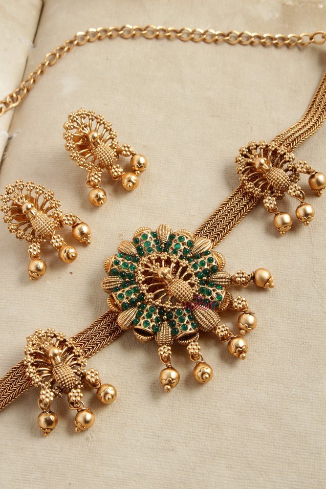 Feather Peacock Green Stone Choker - N2606