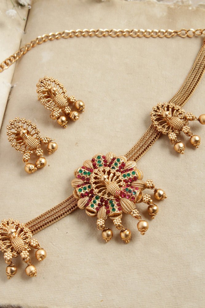 Feather Peacock Ruby Green Stone Choker - N2607
