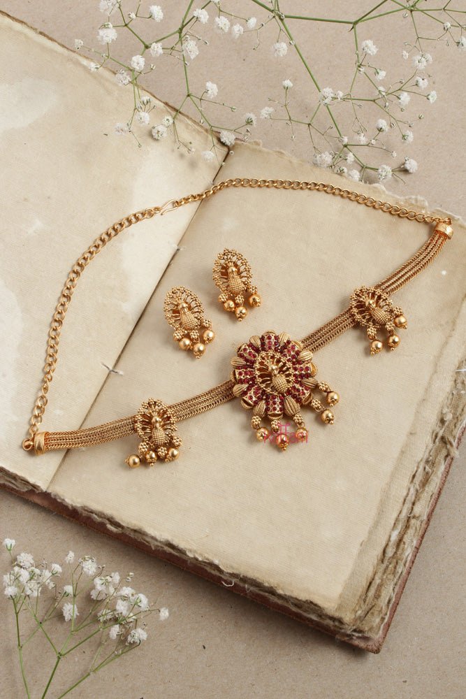 Feather Peacock Ruby Stone Choker - N2608