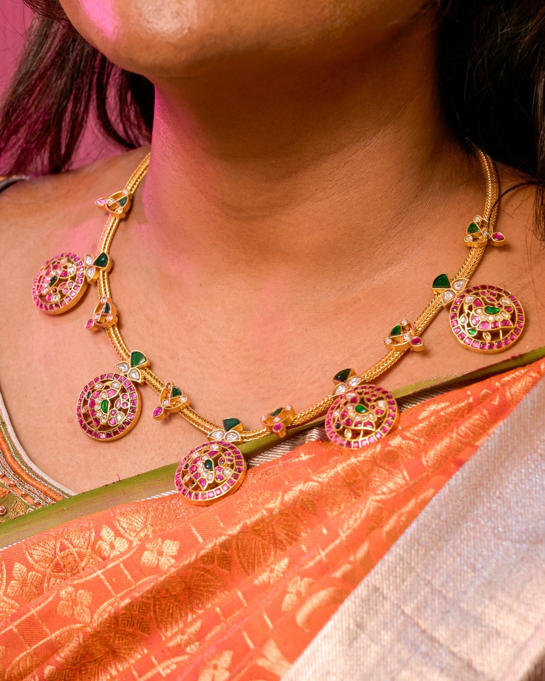 Five Coin Peacock Chain Kundan Necklace ( No Earring ) - N4160