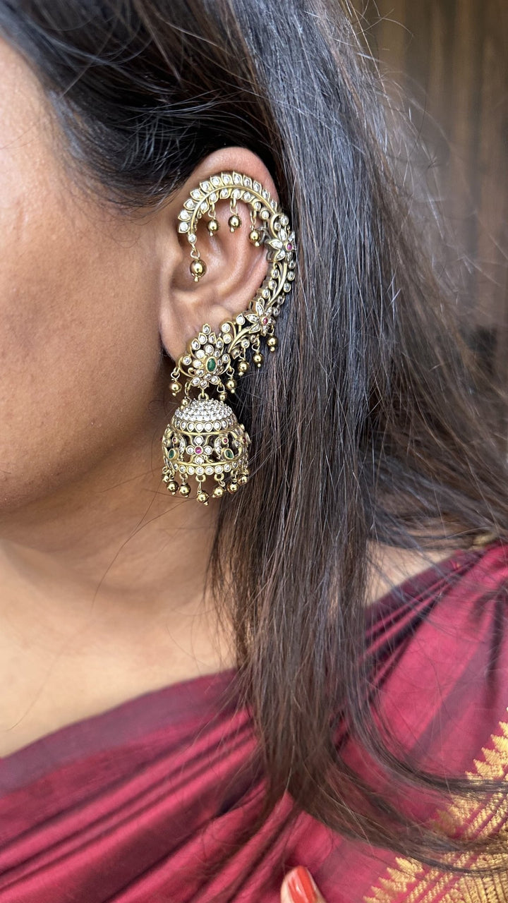 Floral Stone Earcuff with Jhumka - Black Finish - E719