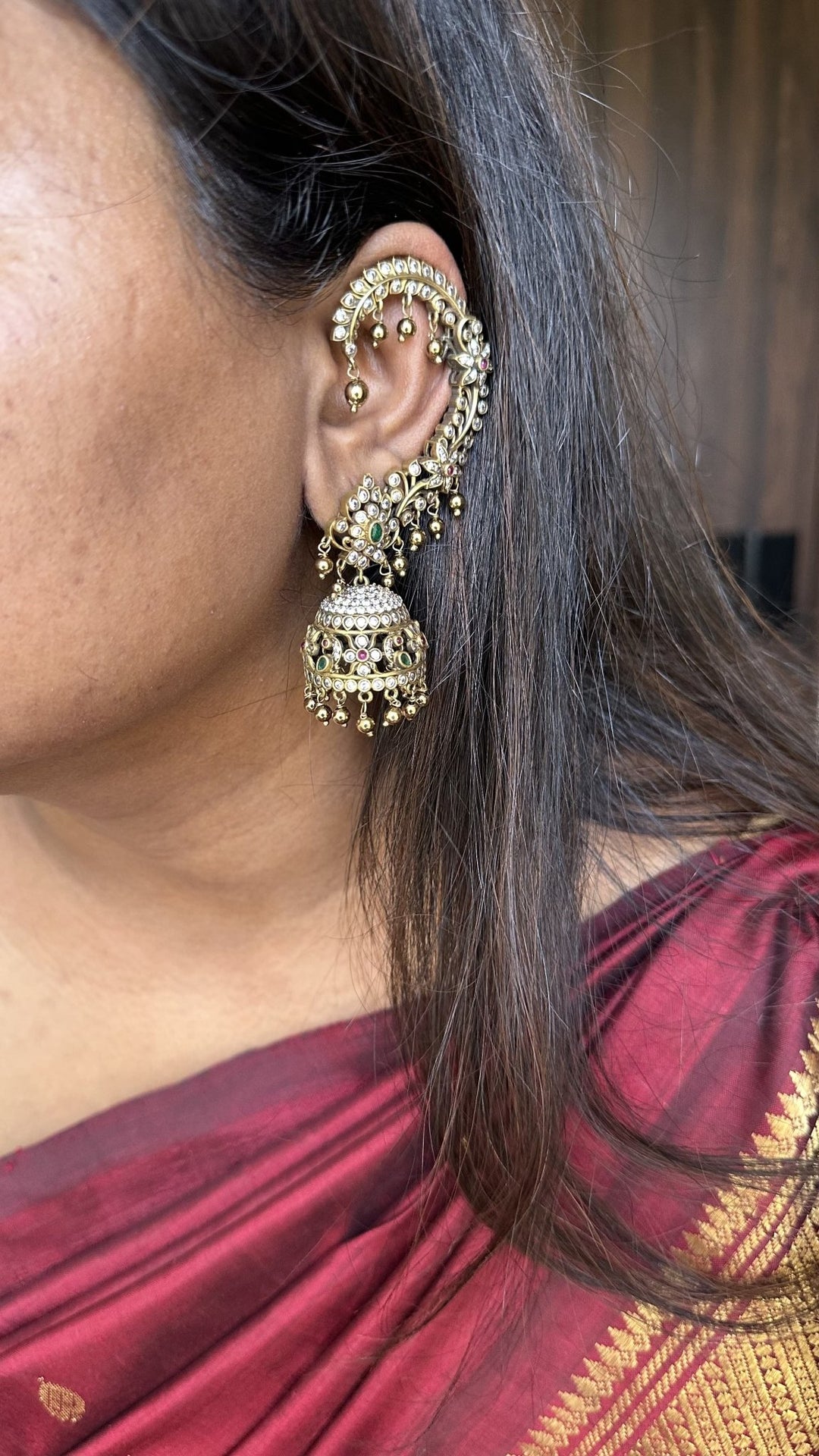 Floral Stone Earcuff with Jhumka - Black Finish - E719