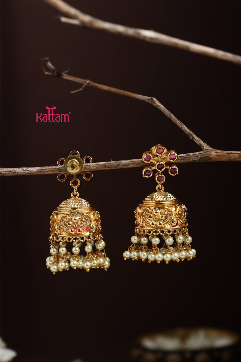 Flower Patterned Pearl Jhumka - Ruby - E1290