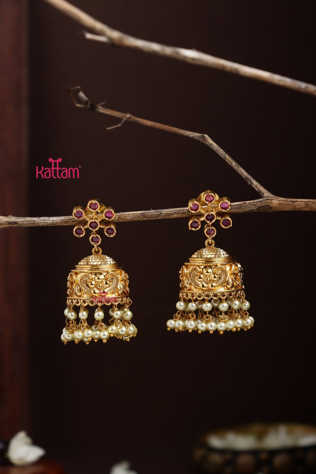 Flower Patterned Pearl Jhumka - Ruby - E1290