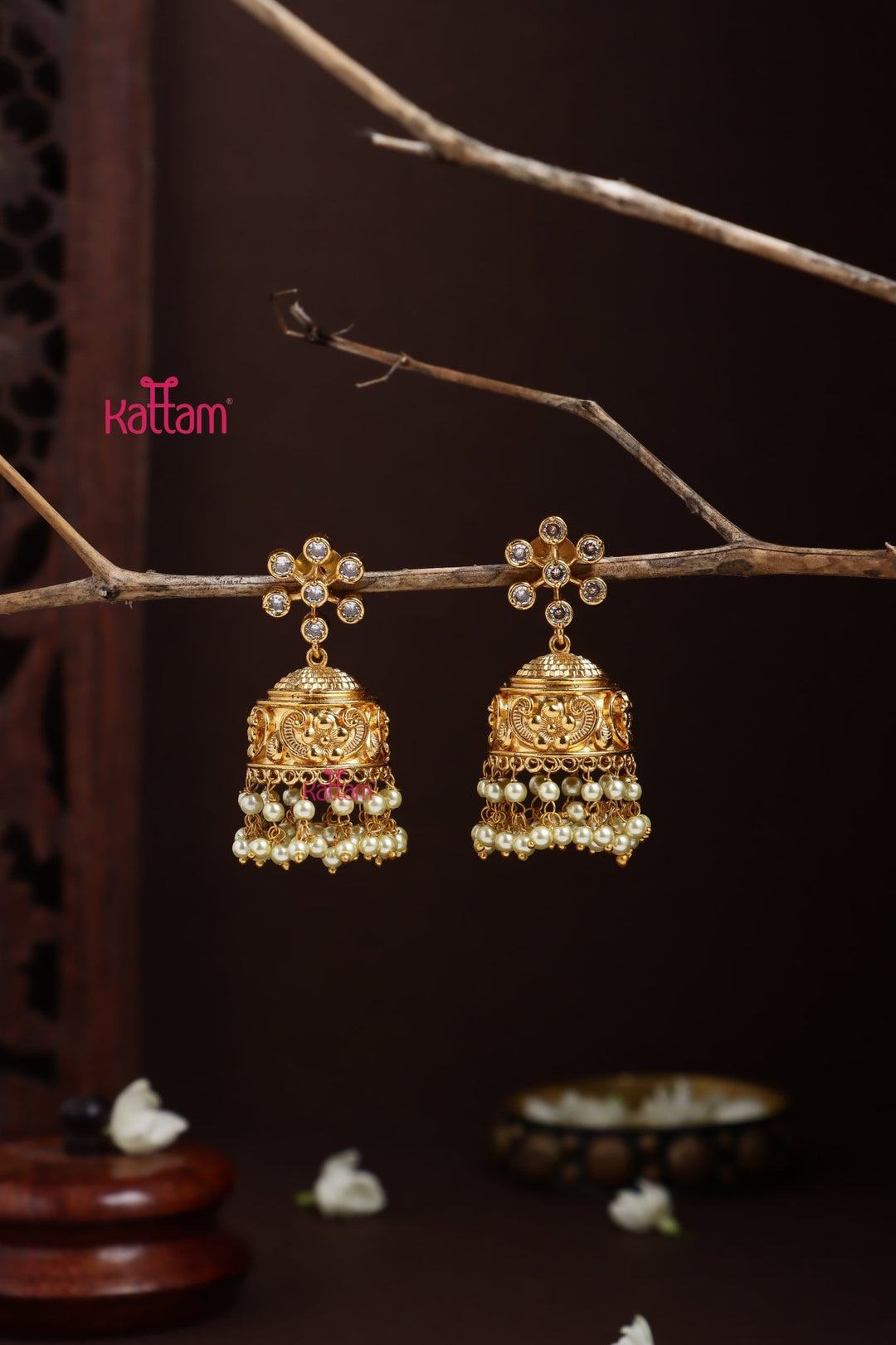 Flower Patterned Pearl Jhumka - White - E1289