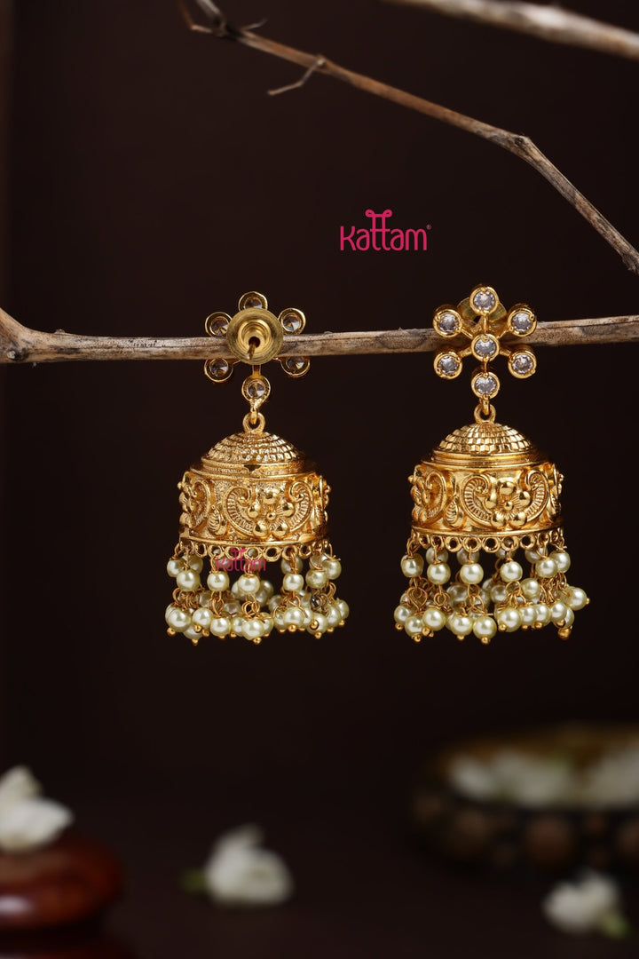 Flower Patterned Pearl Jhumka - White - E1289