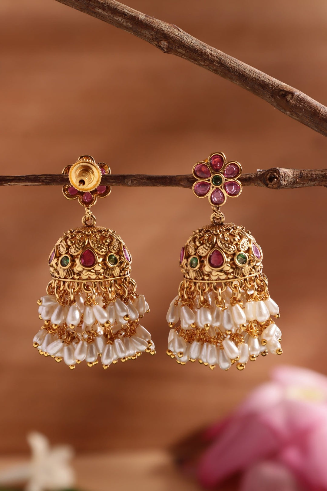Flower Rice Pearls Jhumka - E1455