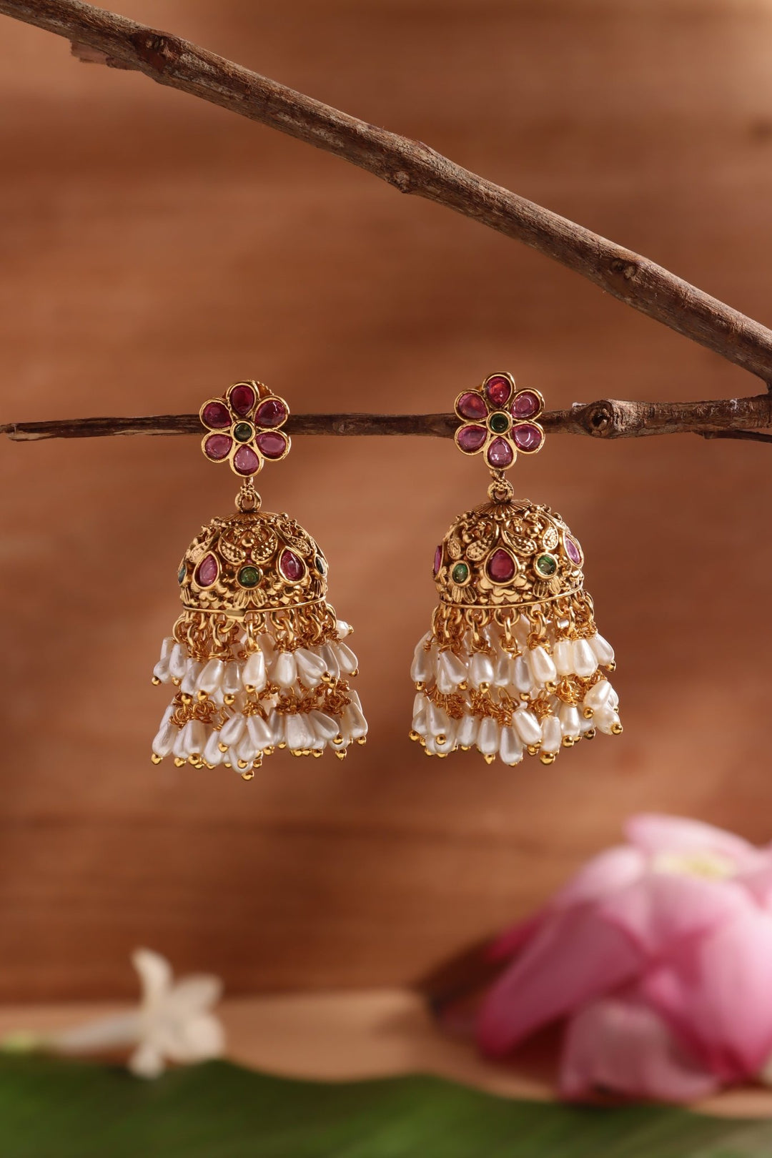 Flower Rice Pearls Jhumka - E1455