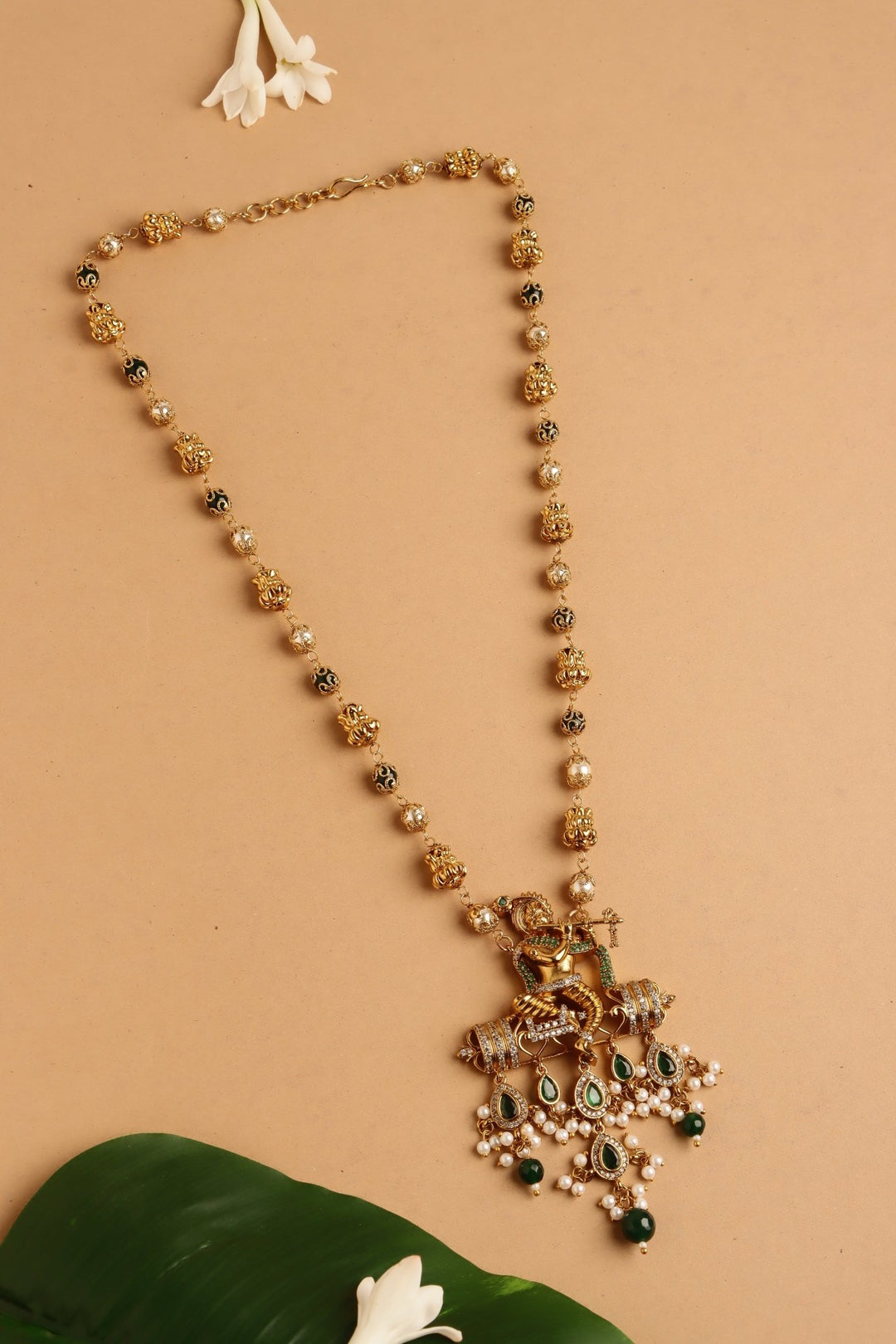 Flute Krishna Pendant Pearl Mala - Design 1 - N4102