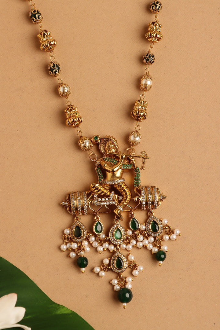Flute Krishna Pendant Pearl Mala - Design 1 - N4102