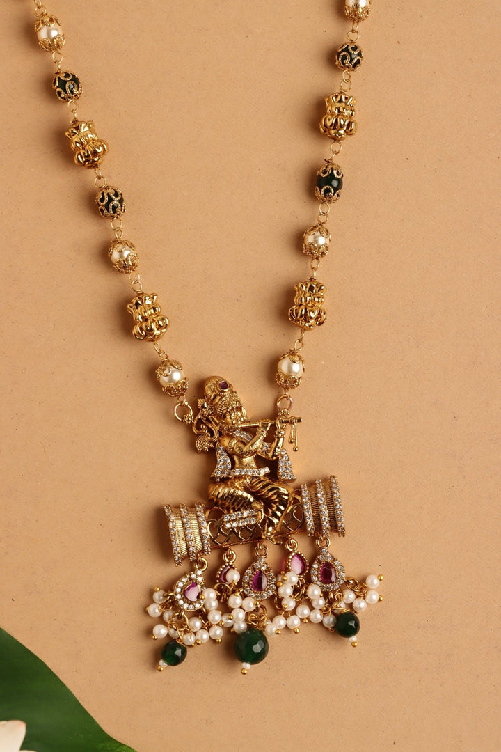 Flute Krishna Pendant Pearl Mala - Design 2 - N4103