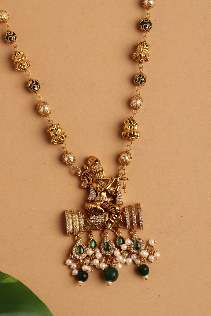 Flute Krishna Pendant Pearl Mala - Design 3 - N4104